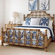 King Brown Rattan Poster Bed with Headboard