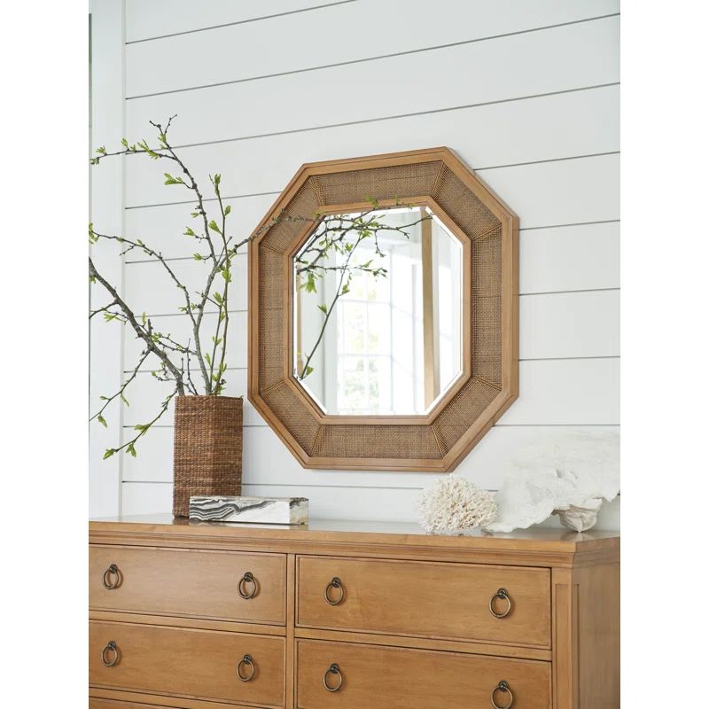 Brown Octagonal Wood Wall Mirror with Cane Inset