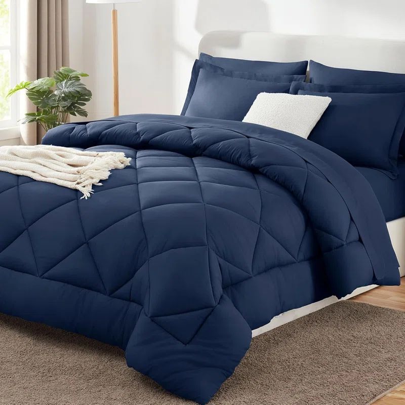 Navy Queen Reversible Microfiber Down Alternative Bed in a Bag Set