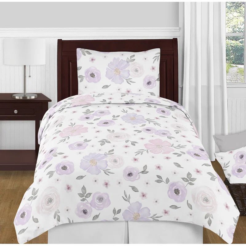 Lavender and Gray Watercolor Floral Twin Comforter Set