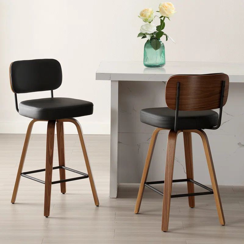 Black Swivel Upholstered Counter Stool with Wood Legs
