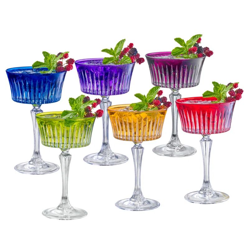 Assorted Color Crystal Stemmed Champagne Coupe Glasses Set of 6