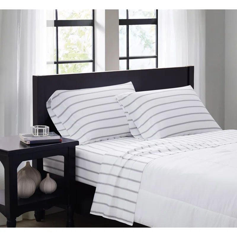 White and Grey Ticking Stripe Full Microfiber Sheet Set