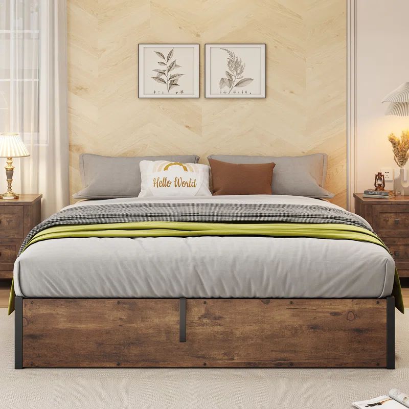King Rustic Brown Wood Lift-Up Storage Bed Frame