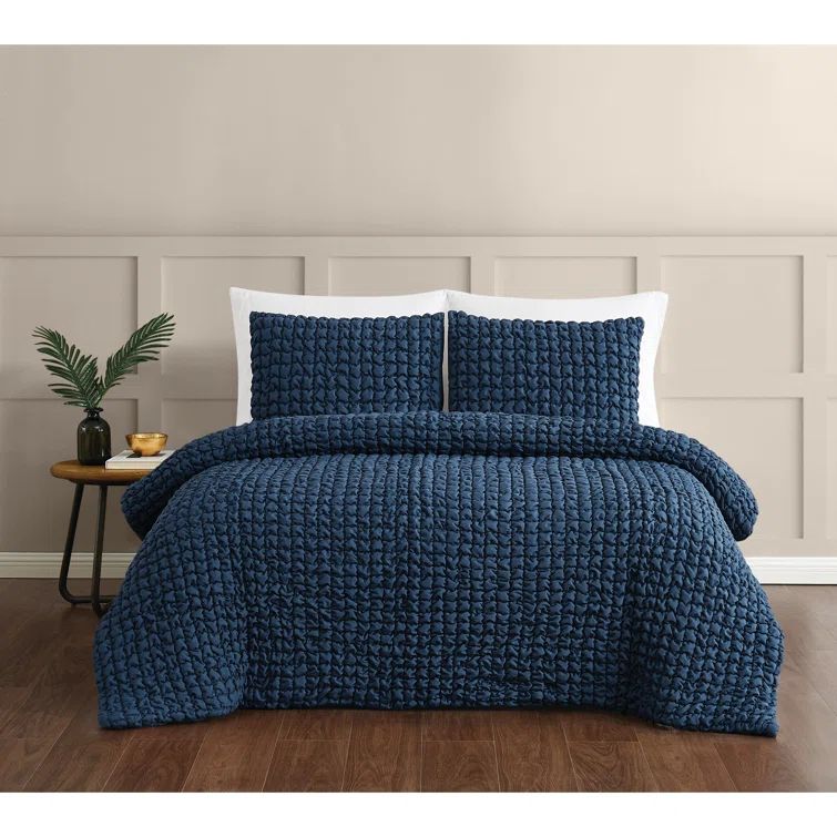 Full Blue Microfiber Textured Puff Bedspread Set