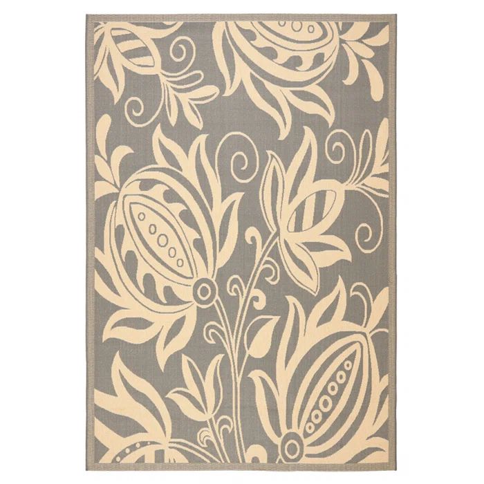 Grey and Natural Floral Motif Synthetic Outdoor Area Rug