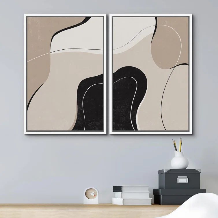 Modern Abstract Brown and Black Framed Canvas Wall Art Set
