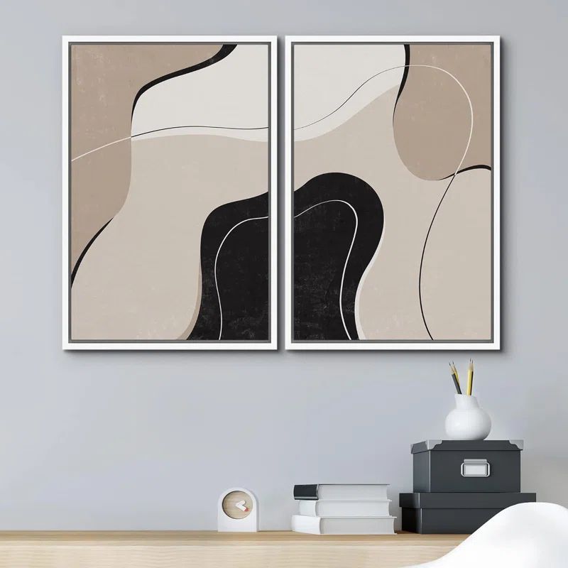 Modern Abstract Brown and Black Framed Canvas Wall Art Set