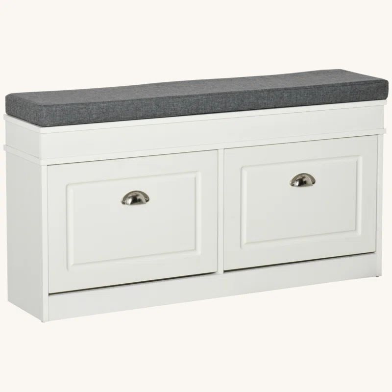 White Modern Shoe Rack Bench with Gray Cushion and Storage Drawers