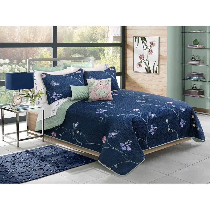 Blue Floral Reversible Microfiber Twin Quilt Set