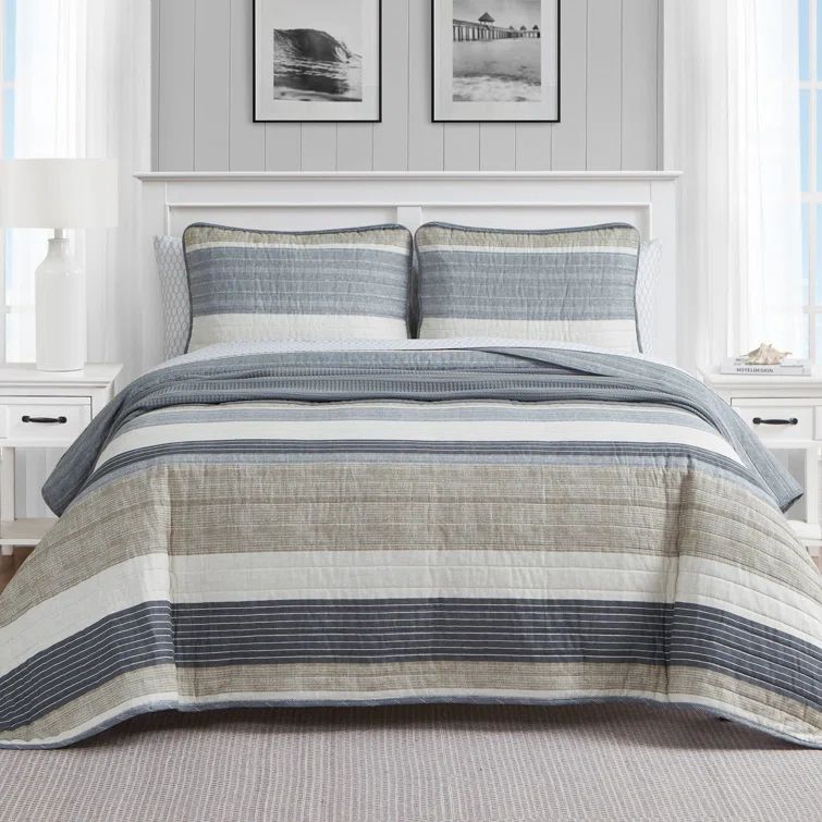 King Blue Cotton Reversible Quilt Set