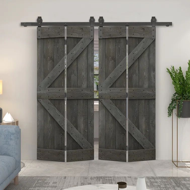 Carbon Gray Textured Pine Bi-Fold Barn Door with Sliding Hardware Kit