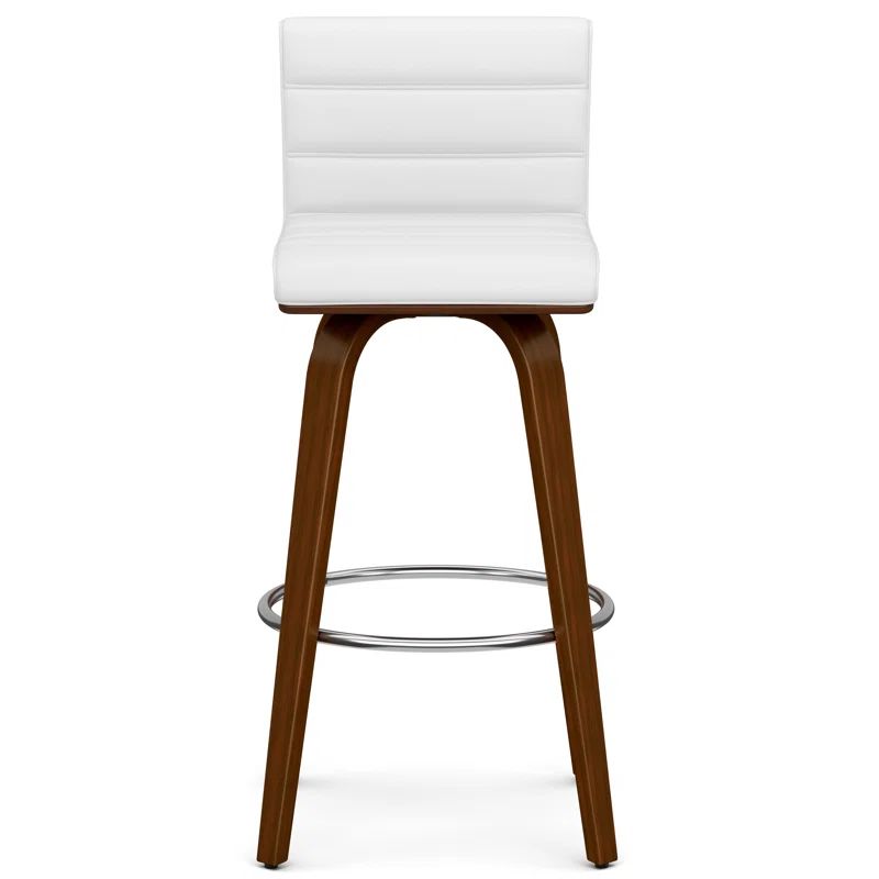 White Vegan Leather Swivel Bar Stool with Wood Legs