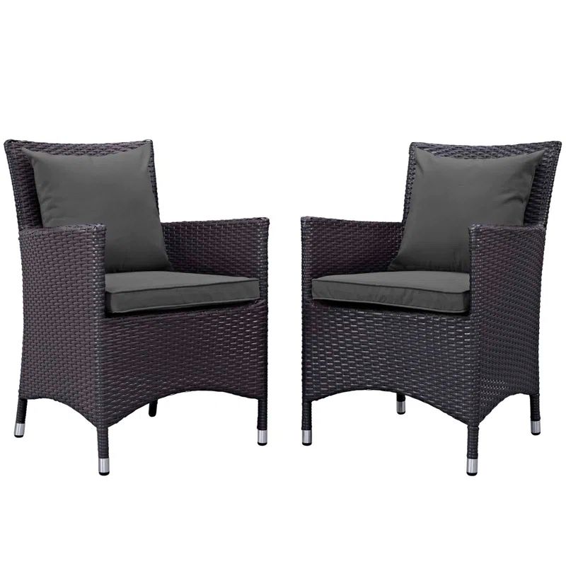 Espresso Wicker Coastal Club Dining Chairs with Beige Cushions, Set of 2