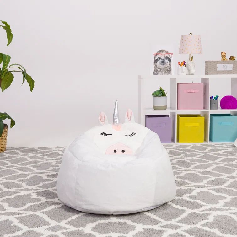 White Faux Fur Unicorn Bean Bag Chair with Removable Cover