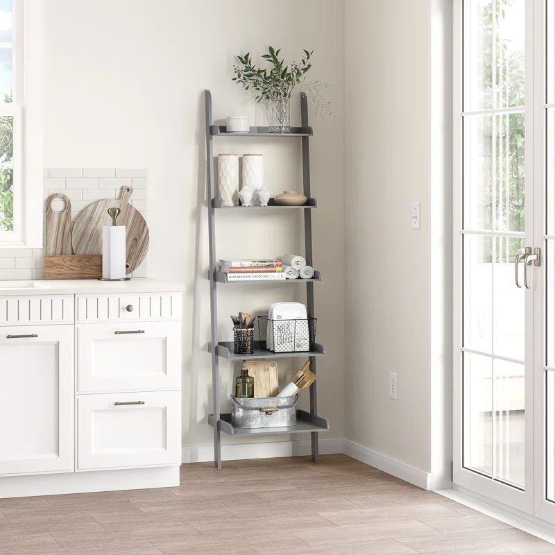 Gray 67" 5-Tier Wood Leaning Ladder Bookcase