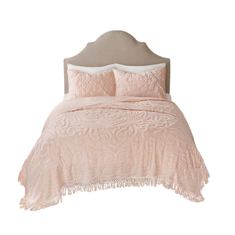 Blush Full Cotton Chenille Medallion Fringe Bedspread Set