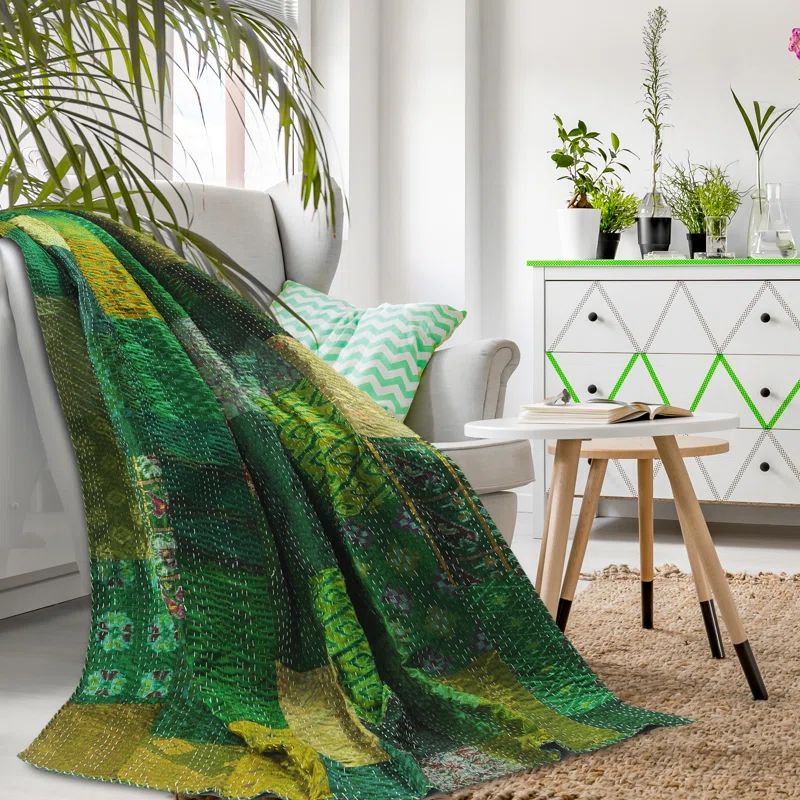 Green Patchwork Kantha Full Throw Blanket