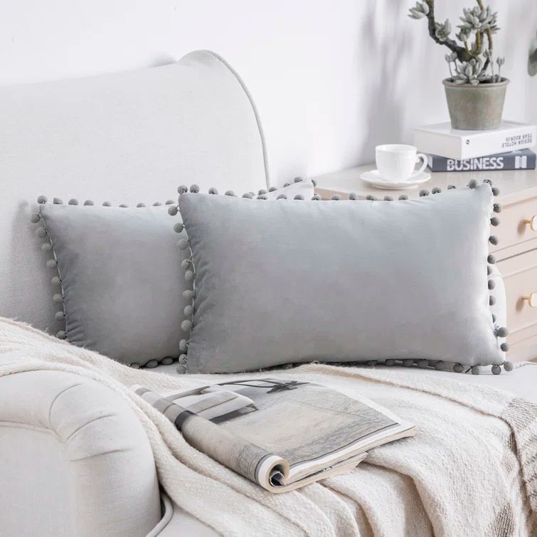 Gray Velvet Pom Pom Decorative Throw Pillow Set, 12 x 20 Inch