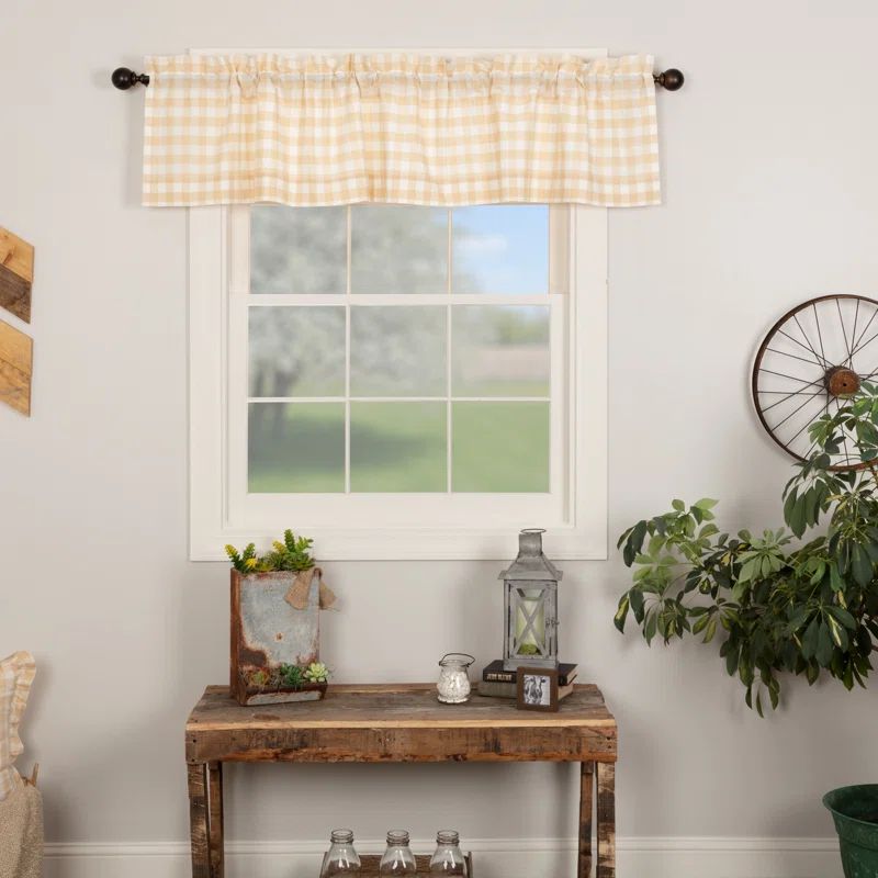 Tan and Antique White Buffalo Check Cotton Rod Pocket Valance