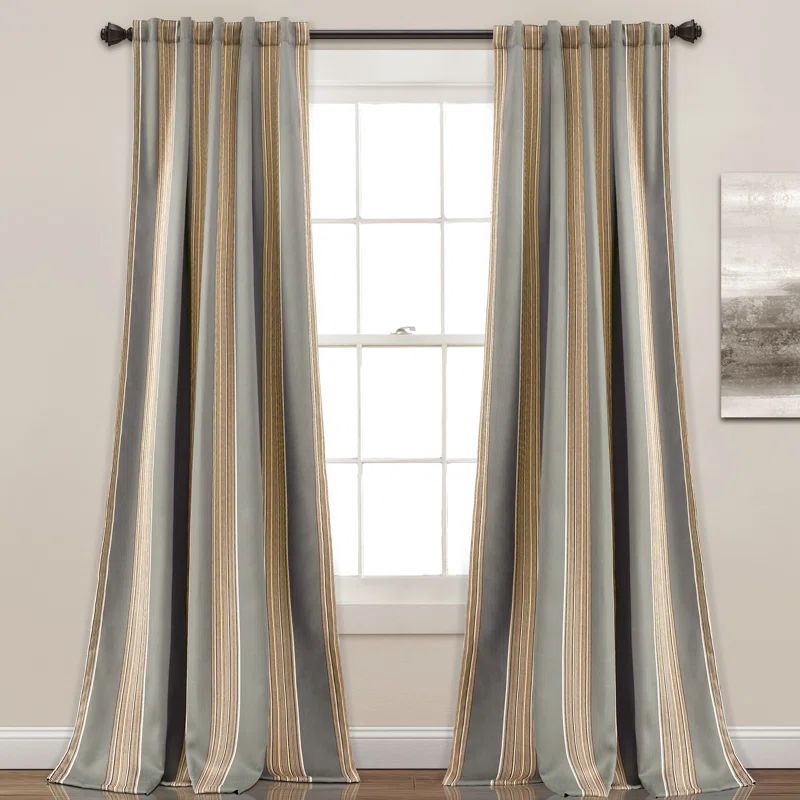 Gray and Beige Striped Polyester Room Darkening Curtain Panels, 95" x 52"