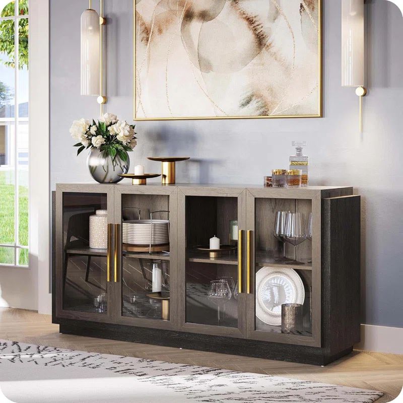 Brown Wood Buffet Sideboard with Glass Doors and Gold Handles