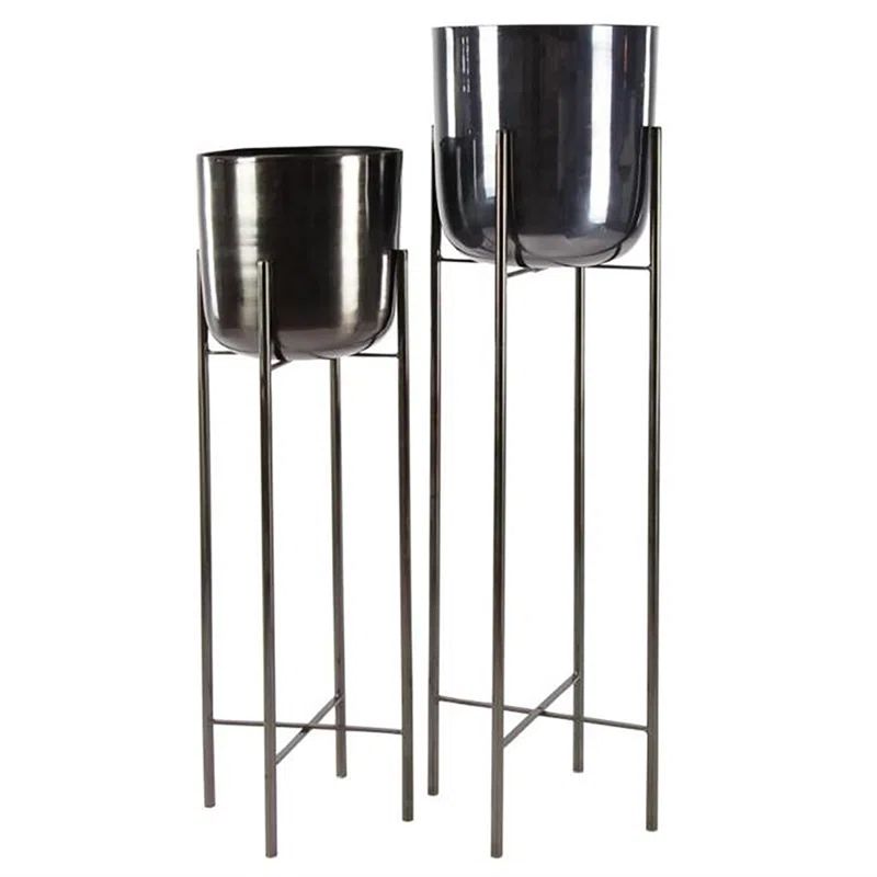 Tall Black Iron Round Planters with Stands, Set of Two