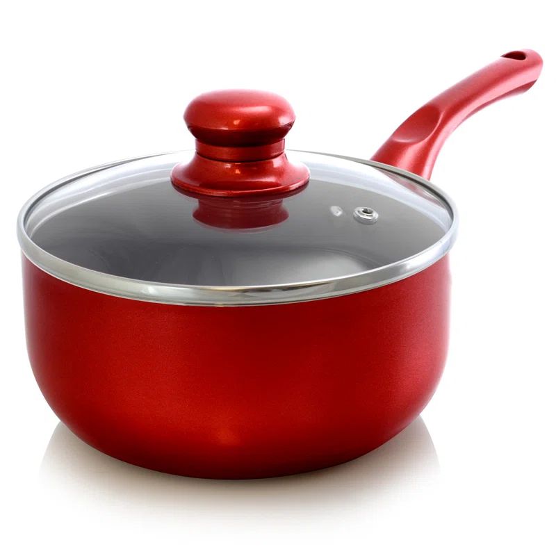 Red 2 Quart Non-Stick Aluminum Saucepan with Glass Lid