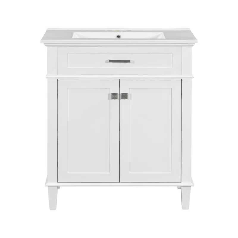 30-Inch White MDF Freestanding Bathroom Vanity with Ceramic Basin