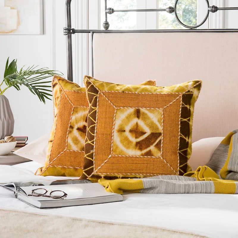 Turmeric Ikat Embroidered Square Pillow Set