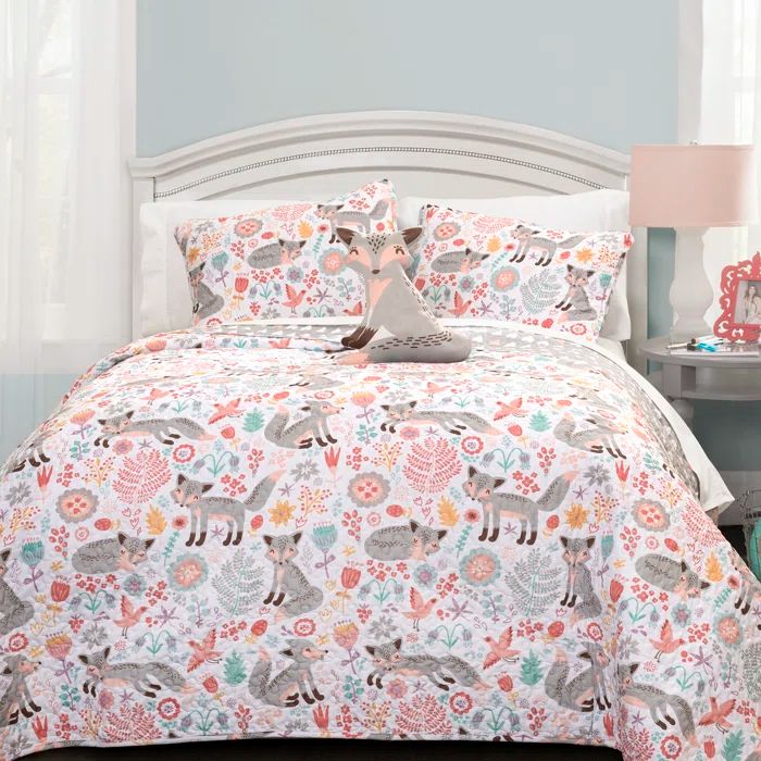 Pixie Fox Twin Reversible Pink and Gray Microfiber Quilt Set