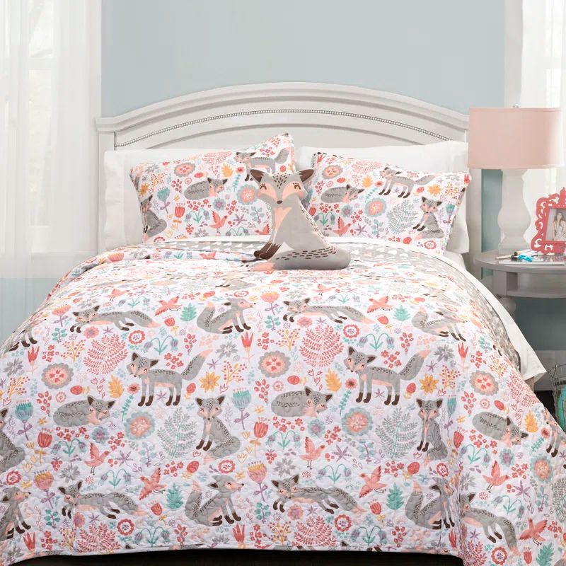 Full Pink and Gray Microfiber Reversible Quilt Set for Girls