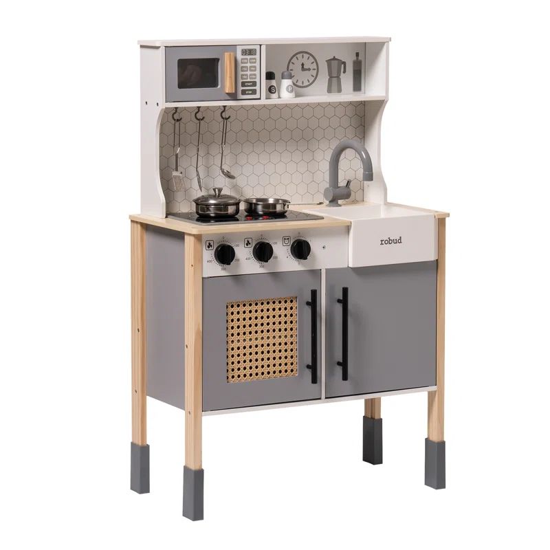 Gray Wooden Play Kitchen Set with Lights and Sounds