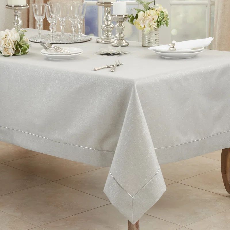 Silver Embroidered Border 65" x 120" Fabric Tablecloth