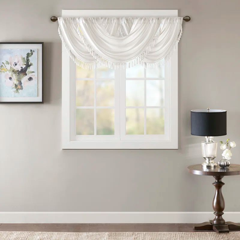 Elena White Faux Silk Waterfall Embellished Window Valance