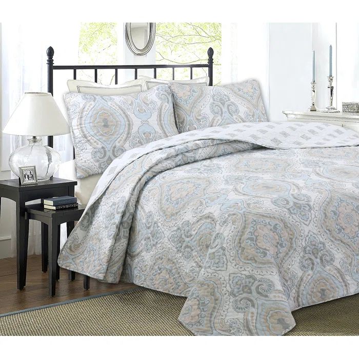 Sky Blue and Tan Microfiber Queen Reversible Quilt Set