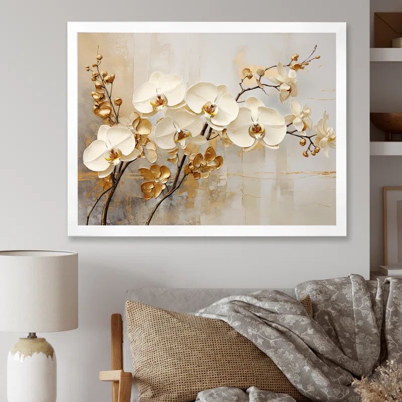 Minimalist Beige and Gold Orchids Canvas Print with White Frame
