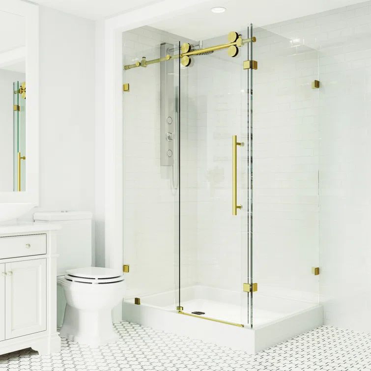 Winslow 48" Matte Brushed Gold Frameless Sliding Shower Enclosure with Clear Glass