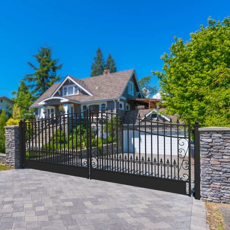 Venice Style Black Steel Dual Swing Driveway Gate 18 x 6 ft