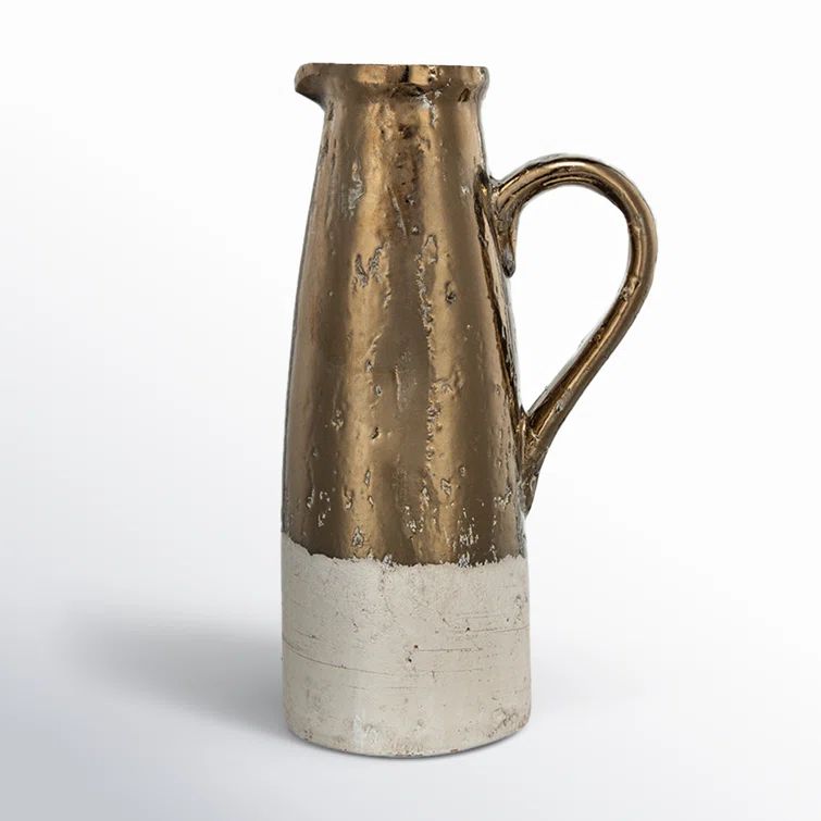 Sienna Brown Terracotta Pitcher with Metallic Accents, 14.4" High