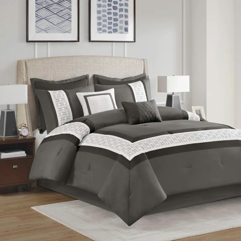 California King Dark Grey Microfiber Embroidered Comforter Set