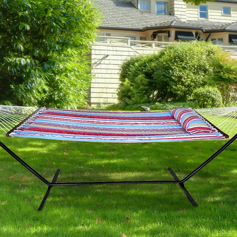 Blue and Red Quilted Fabric Hammock with Stand and Pillow