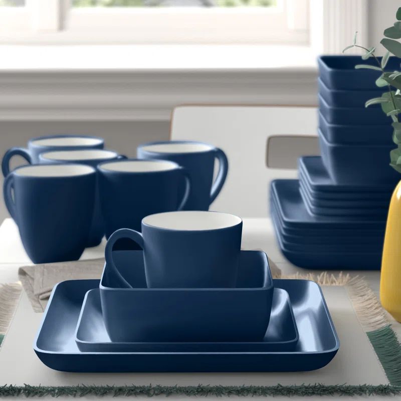 Navy Blue Square Porcelain 24-Piece Dinnerware Set