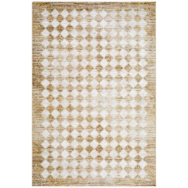 Taupe and Cream Rectangular Synthetic Checkered Area Rug