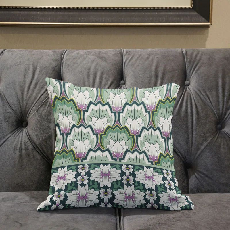 Green and Pink Faux Suede Floral Throw Pillow 16x16