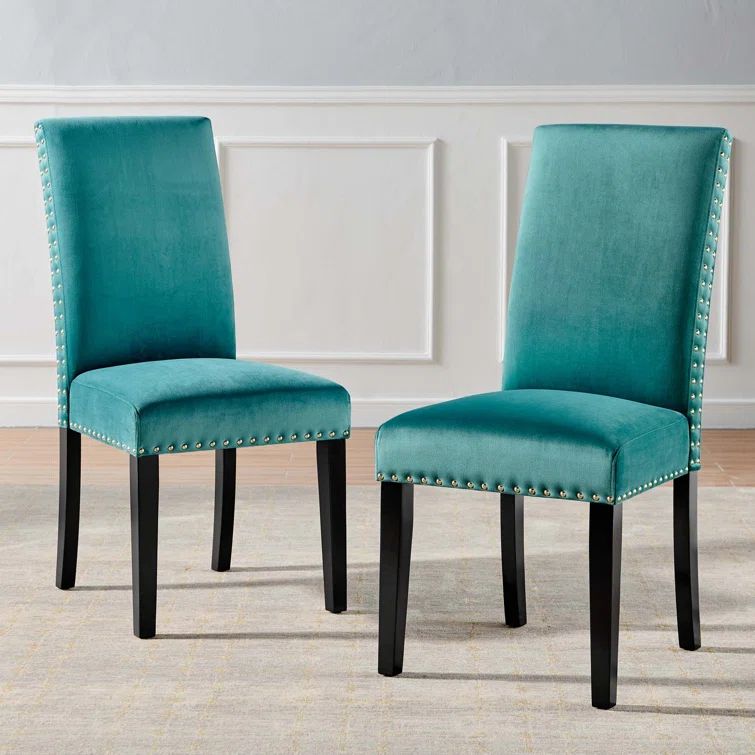 Teal Velvet Upholstered Parsons Side Chair with Wood Legs