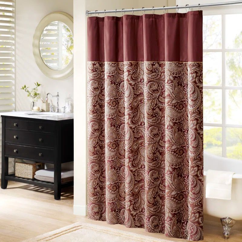 Burgundy Paisley Jacquard Shower Curtain with Solid Panel