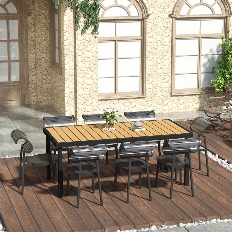 Rectangular Black Aluminum Outdoor Dining Table with Faux Wood Top