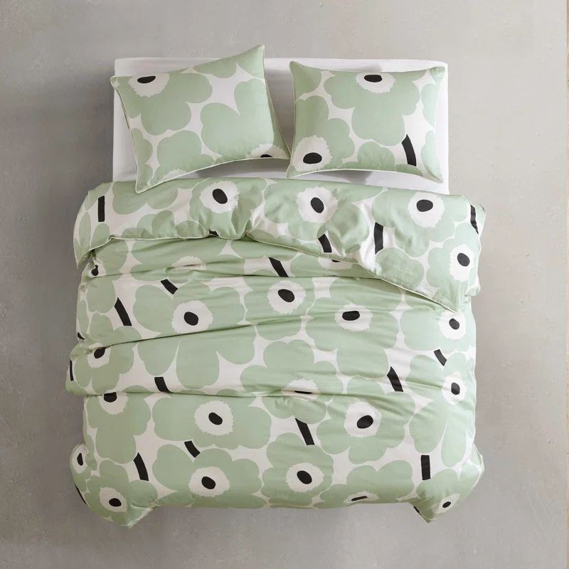 Green and White Organic Cotton Floral Queen Duvet Cover Set
