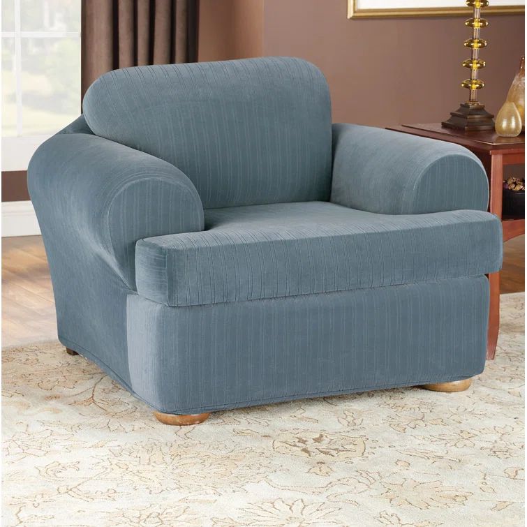 French Blue Stretch Pinstripe T-Cushion Chair Slipcover